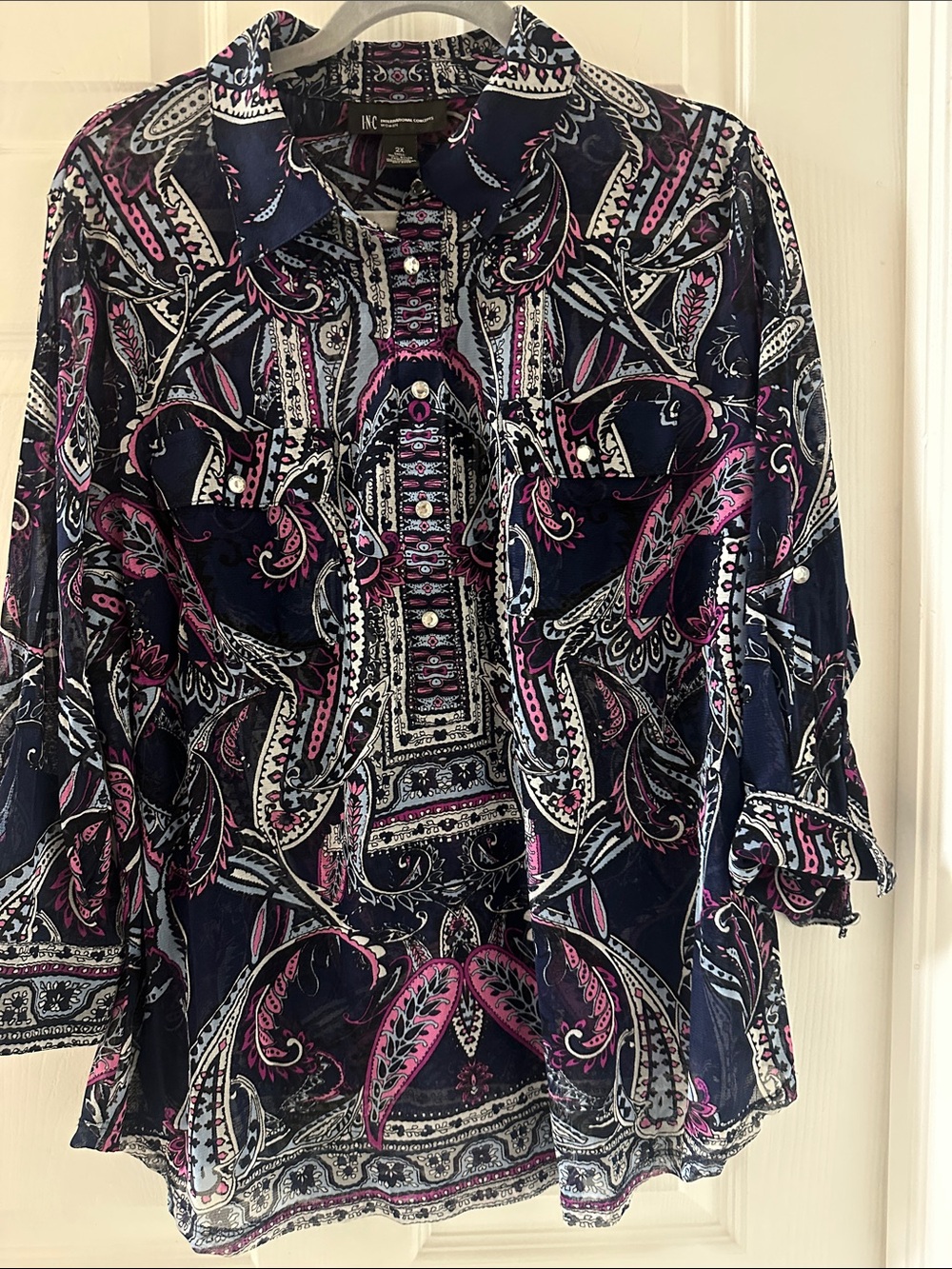 INC International Concepts Navy Paisley Button-Front Shirt with Pink Accents